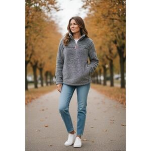 Alpine Sherpa Fleece Pullover Jacket Charcoal Gray Quarter Zip Size M